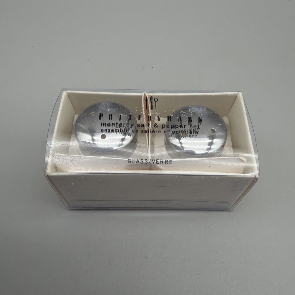 Pottery Barn Monterey Glass Table Top Salt Pepper Shakers in Box Chrome